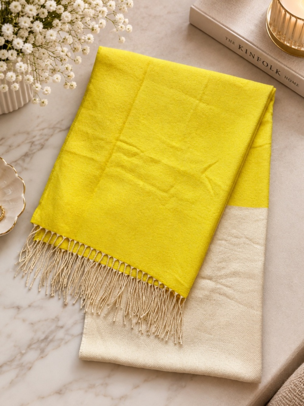 Yellow & Cream Fringe Scarf